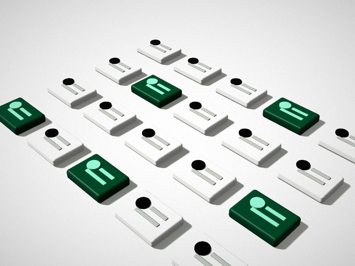 A field of profile cards seen from above, a few of them green.