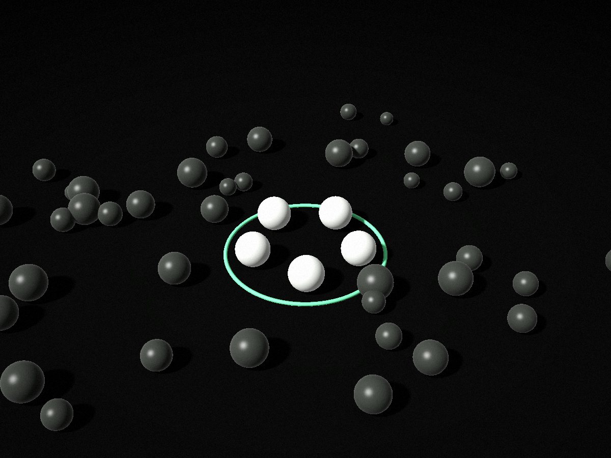 A dark field of spheres with five white ones inside a mint ring.