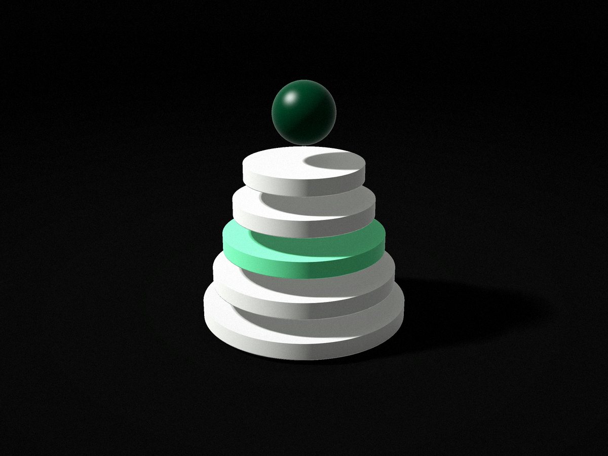 Stacked discs on a dark floor, one layer in mint.
